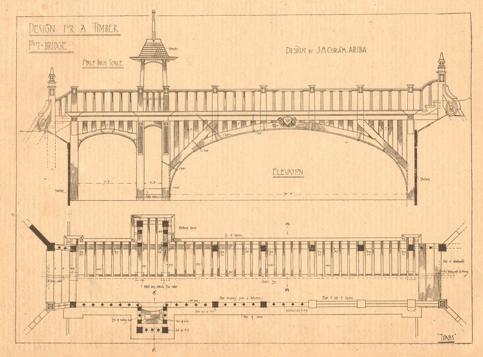 Design for a timber foot bridge by J.H. Coram, ARIBA Elevation & plan 1901